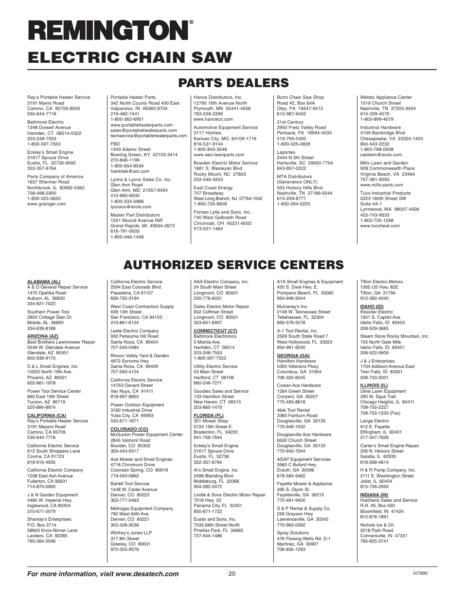 Electric chain saw, Authorized service centers parts dealers | Remington 075762J User Manual | Page 20 / 24