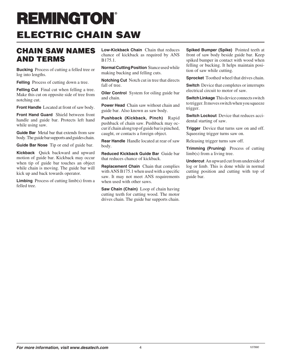 Electric chain saw, Chain saw names and terms | Remington 075762J User Manual | Page 4 / 24