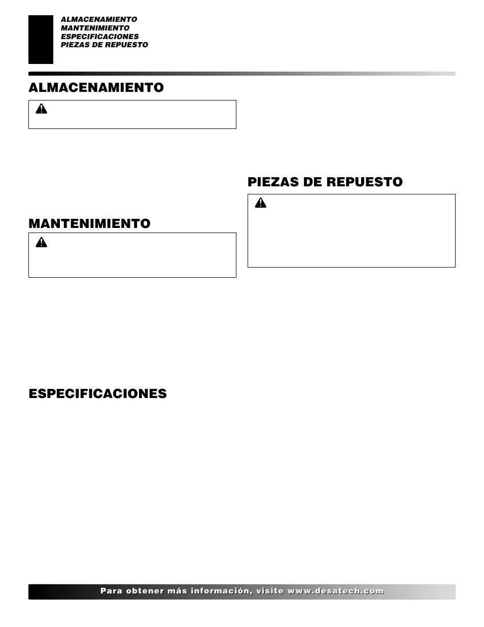 Mantenimiento, Especificaciones, Piezas de repuesto | Almacenamiento | Desa 000 User Manual | Page 18 / 24