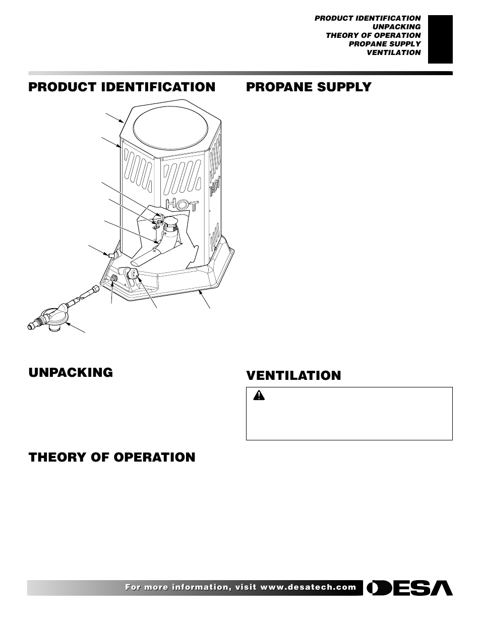 Product identification, Unpacking, Theory of operation | Propane supply, Ventilation | Desa 000 User Manual | Page 3 / 24