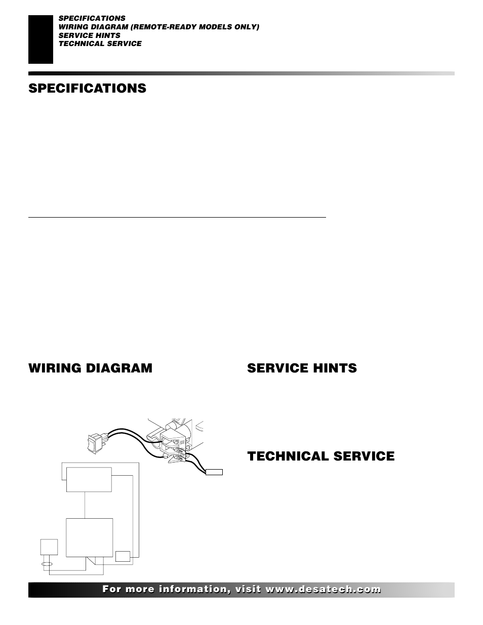 Specifications, Wiring diagram, Service hints | Technical service, Remote-ready models only), When gas pressure is too low | Desa VRL24PT User Manual | Page 28 / 38