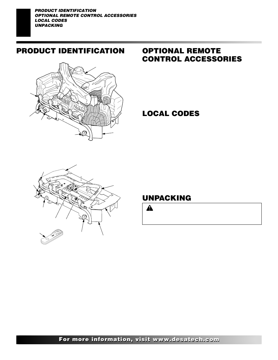 Product identification, Optional remote control accessories, Local codes | Unpacking | Desa VRL24PT User Manual | Page 4 / 38