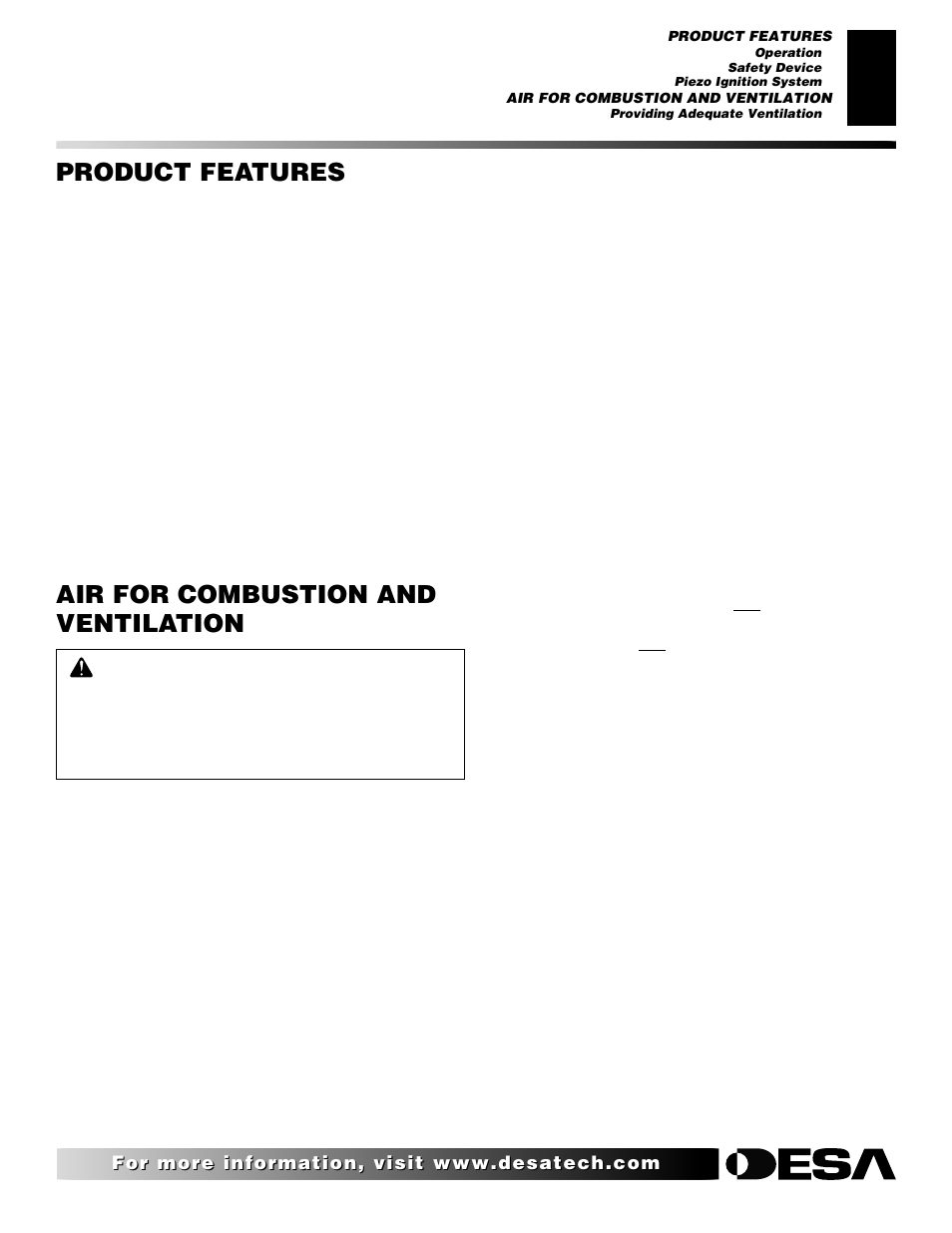 Product features, Air for combustion and ventilation | Desa VRL24PT User Manual | Page 5 / 38