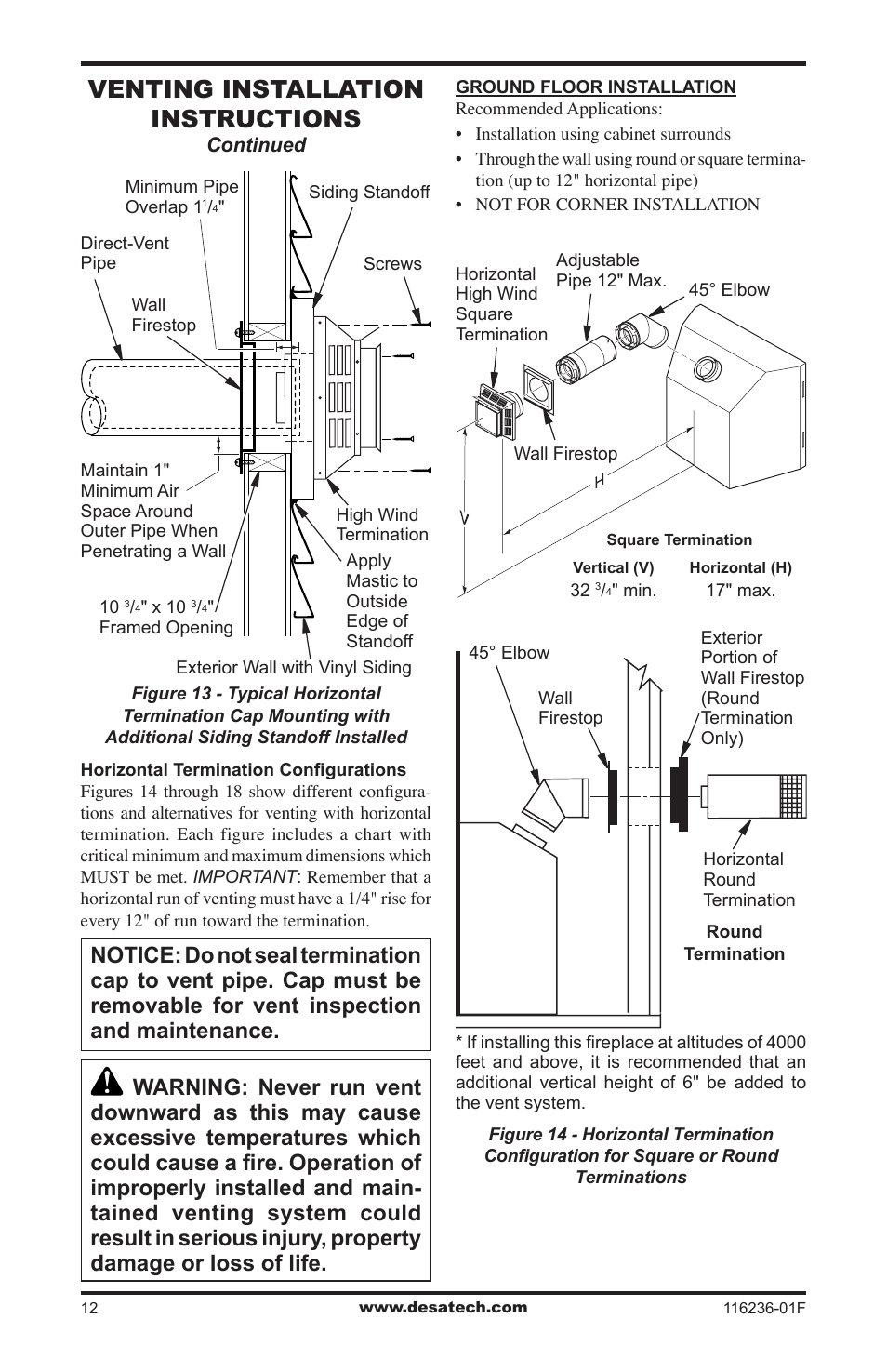 Venting installation instructions | Desa CGCDV42NR User Manual | Page 12 / 44