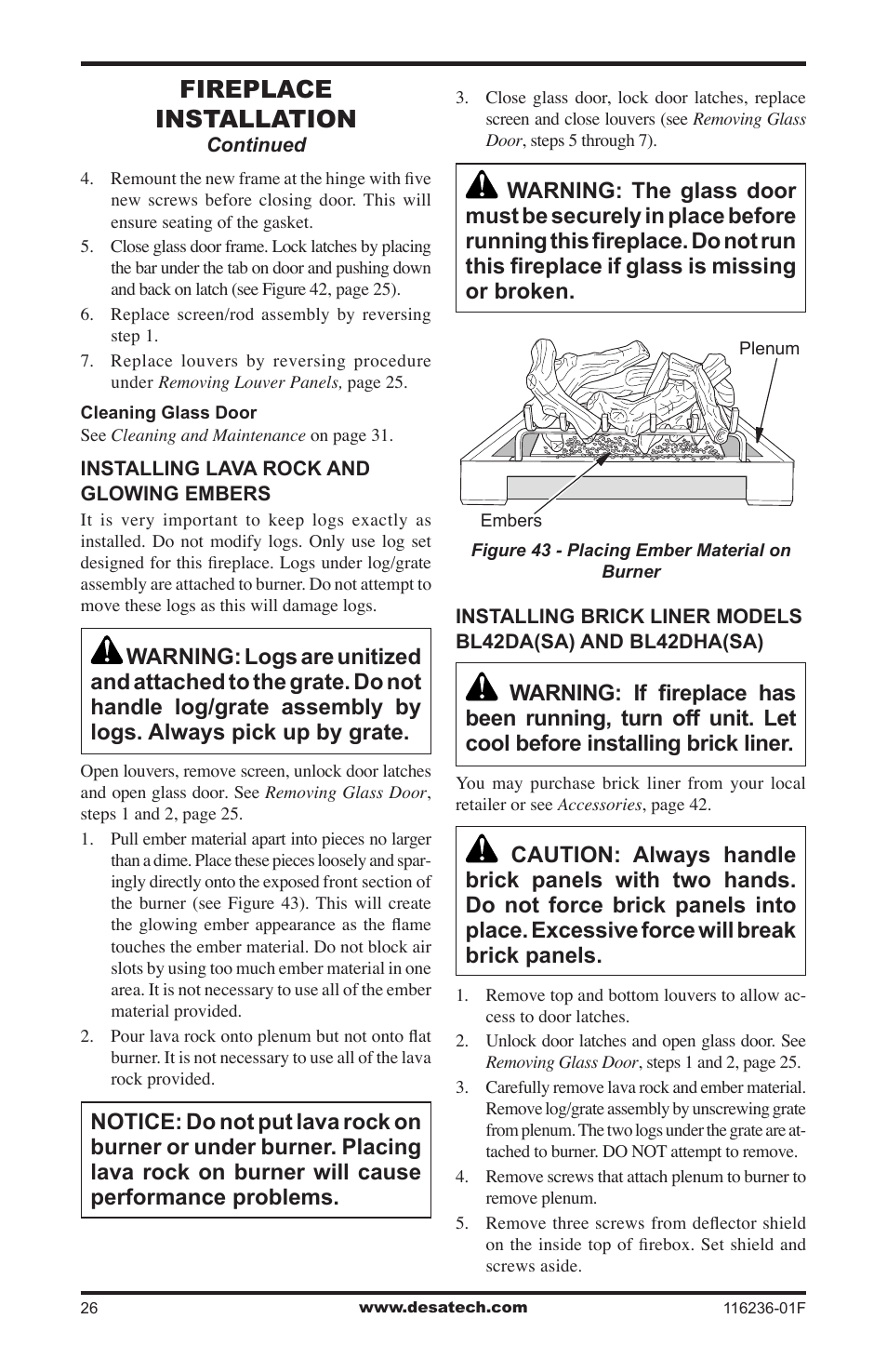 Fireplace installation | Desa CGCDV42NR User Manual | Page 26 / 44