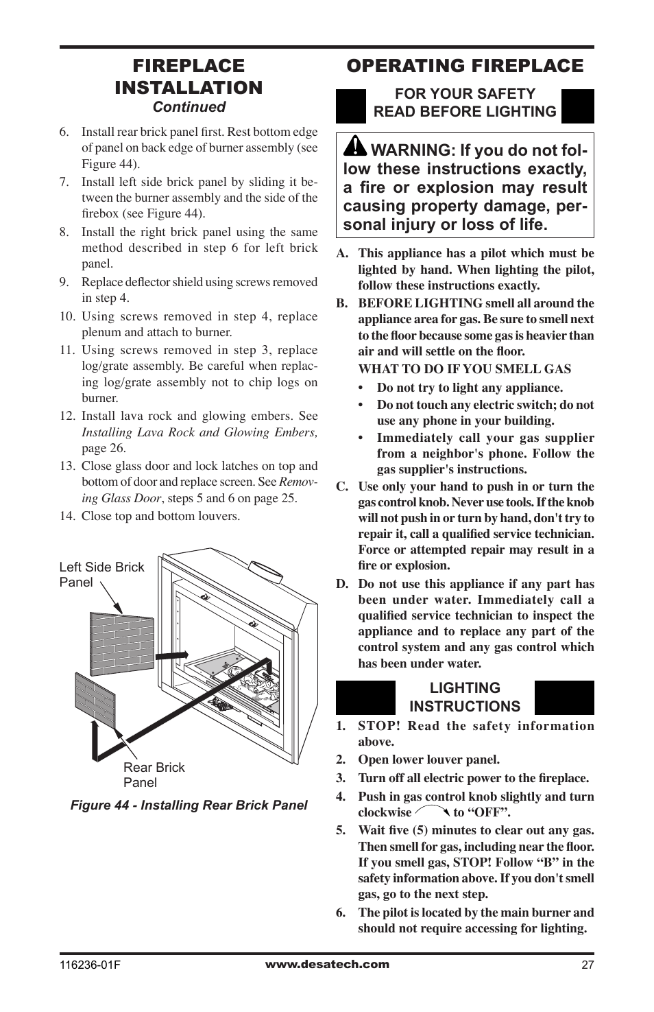Operating fireplace, Fireplace installation | Desa CGCDV42NR User Manual | Page 27 / 44