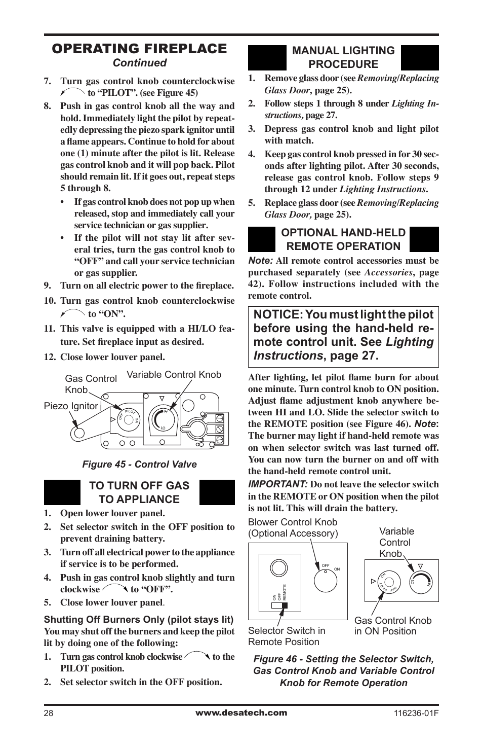 Operating fireplace, Continued, Manual lighting procedure | Optional hand-held remote operation | Desa CGCDV42NR User Manual | Page 28 / 44