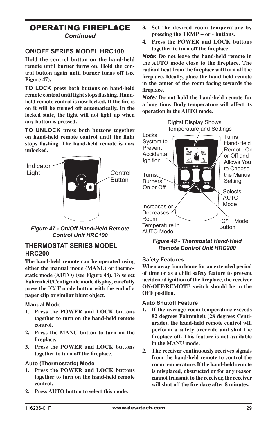 Operating fireplace | Desa CGCDV42NR User Manual | Page 29 / 44