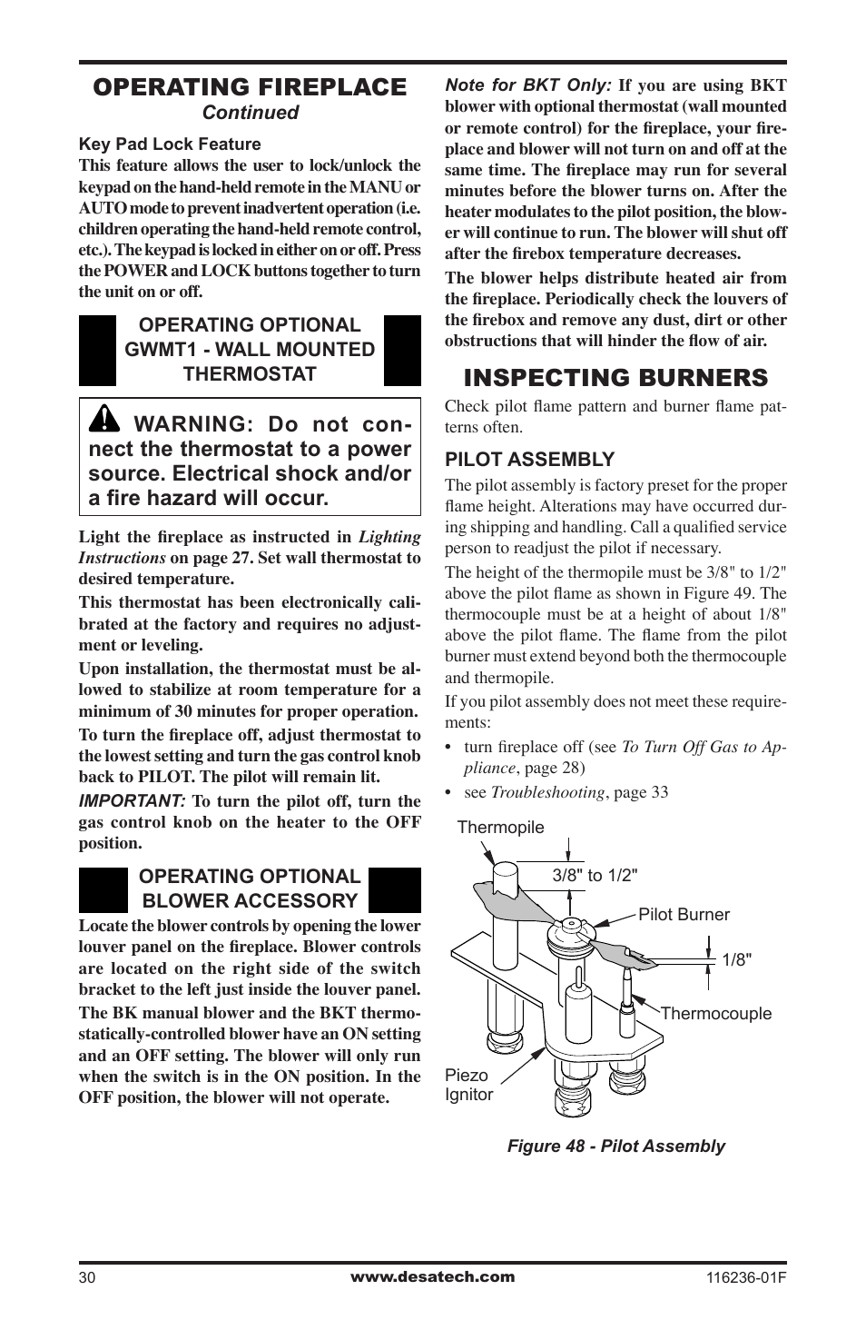 Inspecting burners, Operating fireplace | Desa CGCDV42NR User Manual | Page 30 / 44