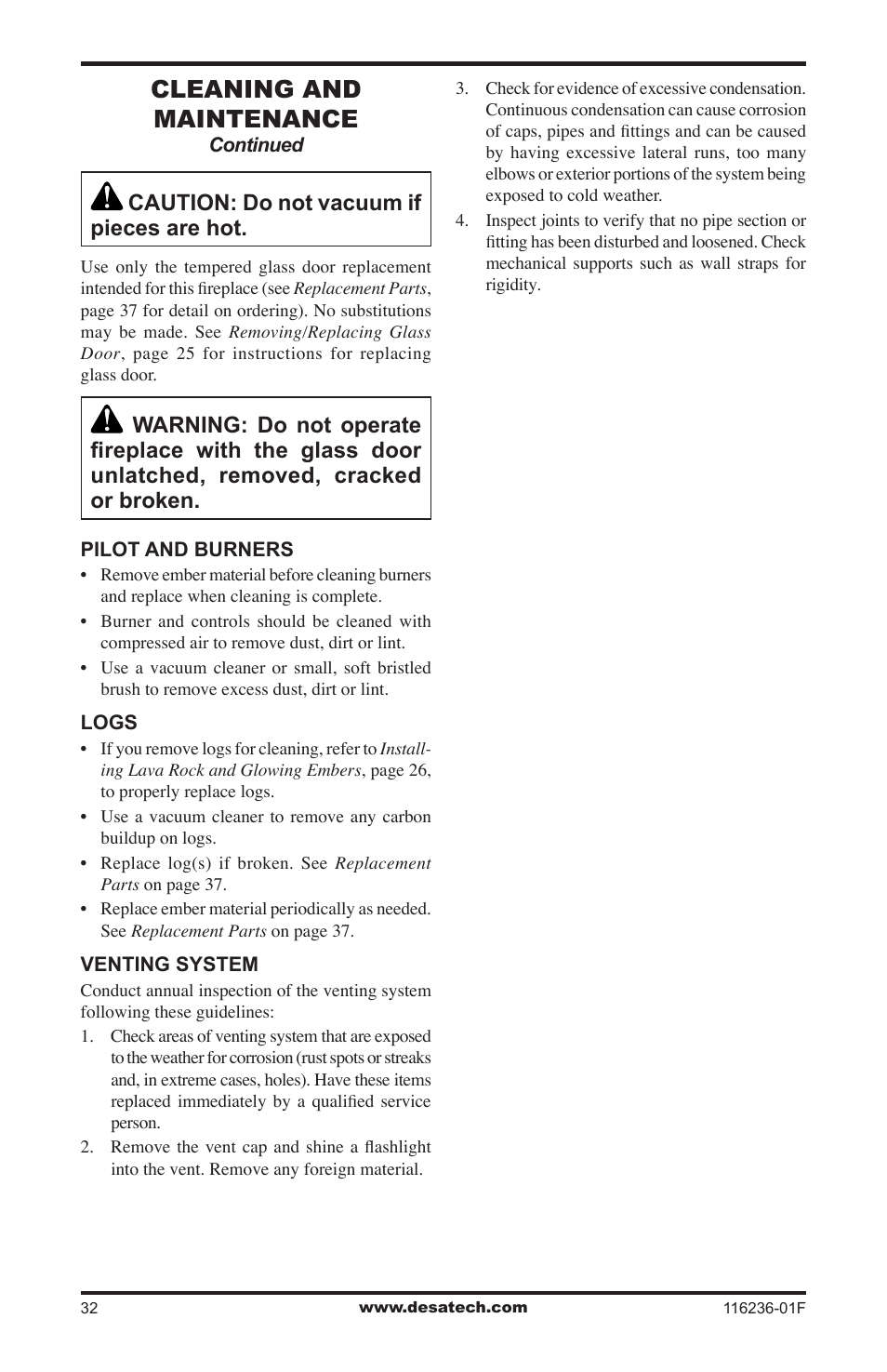 Cleaning and maintenance, Caution: do not vacuum if pieces are hot | Desa CGCDV42NR User Manual | Page 32 / 44