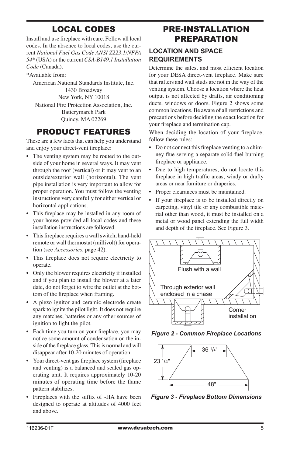 Local codes, Product features, Pre-installation preparation | Desa CGCDV42NR User Manual | Page 5 / 44