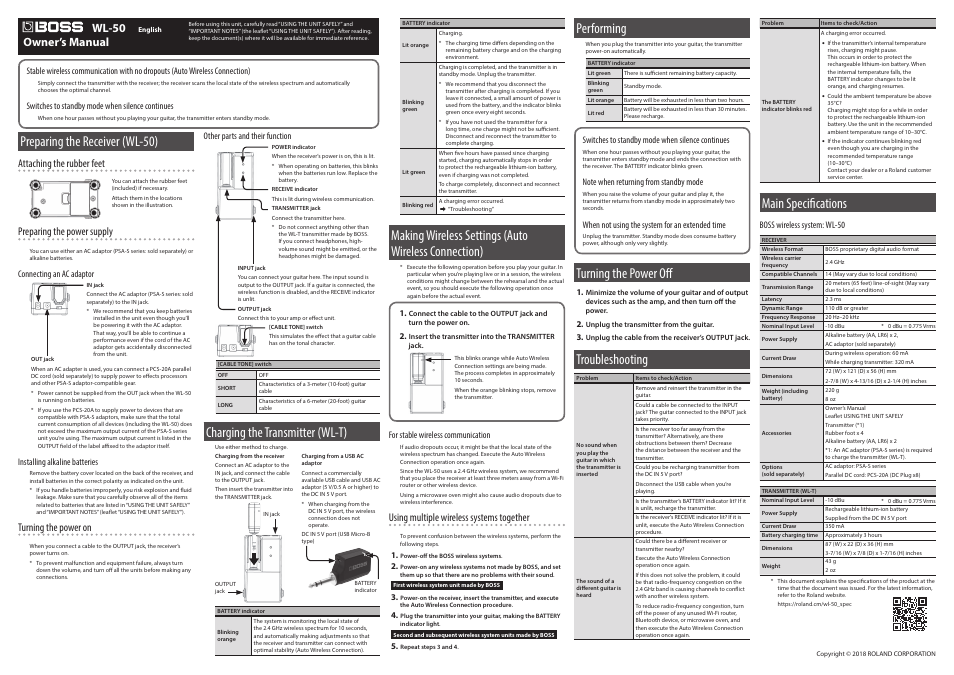 BOSS WL-50 Wireless System for Pedalboards User Manual | 1 page