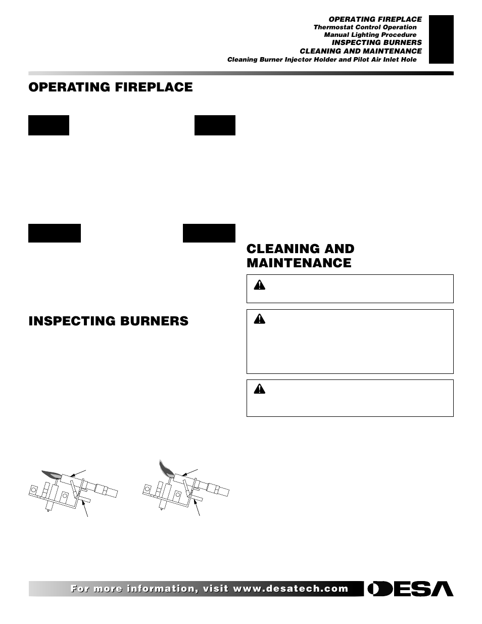 Operating fireplace, Inspecting burners, Cleaning and maintenance | Desa CF26PT User Manual | Page 17 / 30