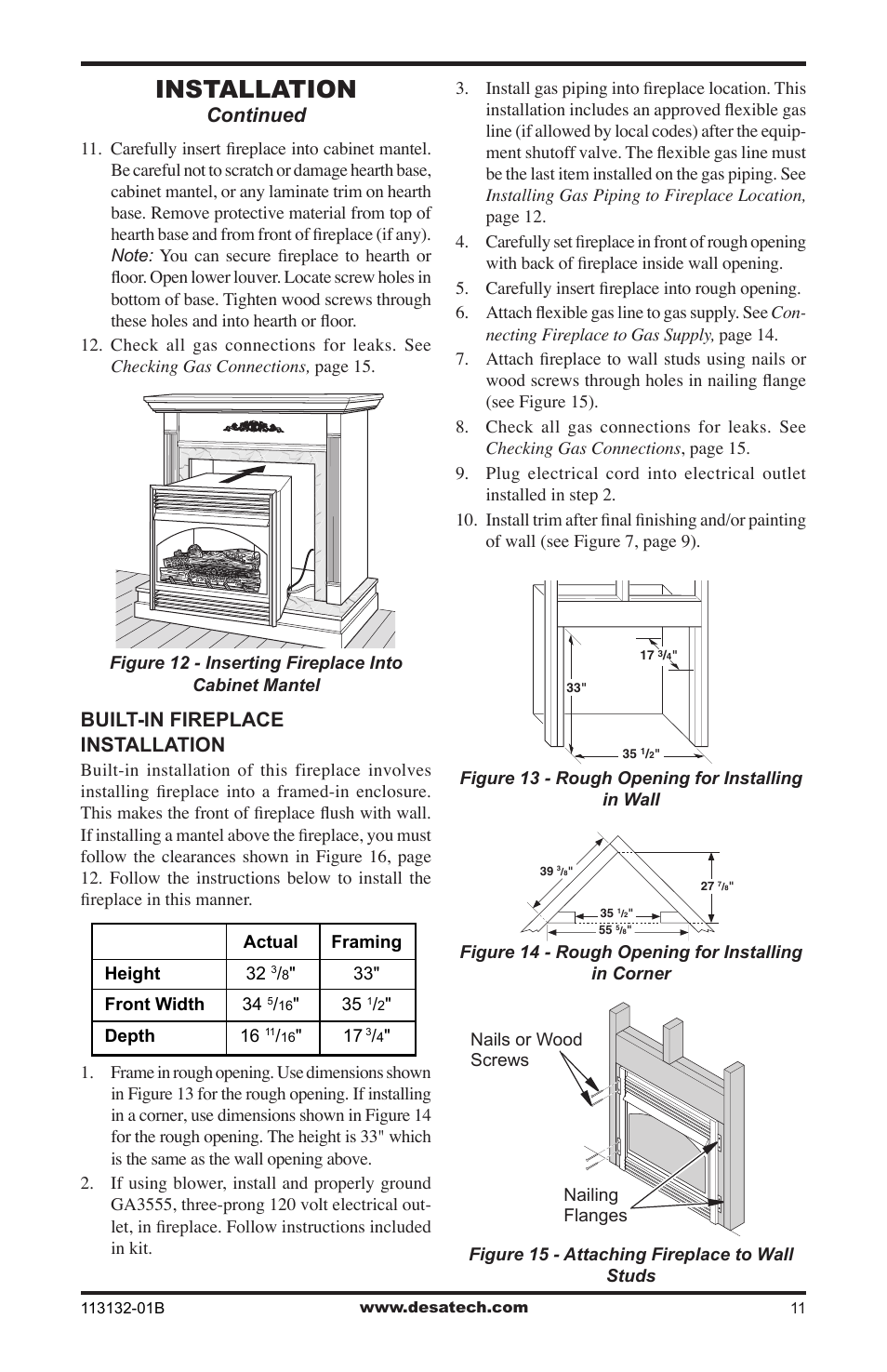 Installation, Continued, Built-in fireplace installation | Desa EFS33PRB User Manual | Page 11 / 36