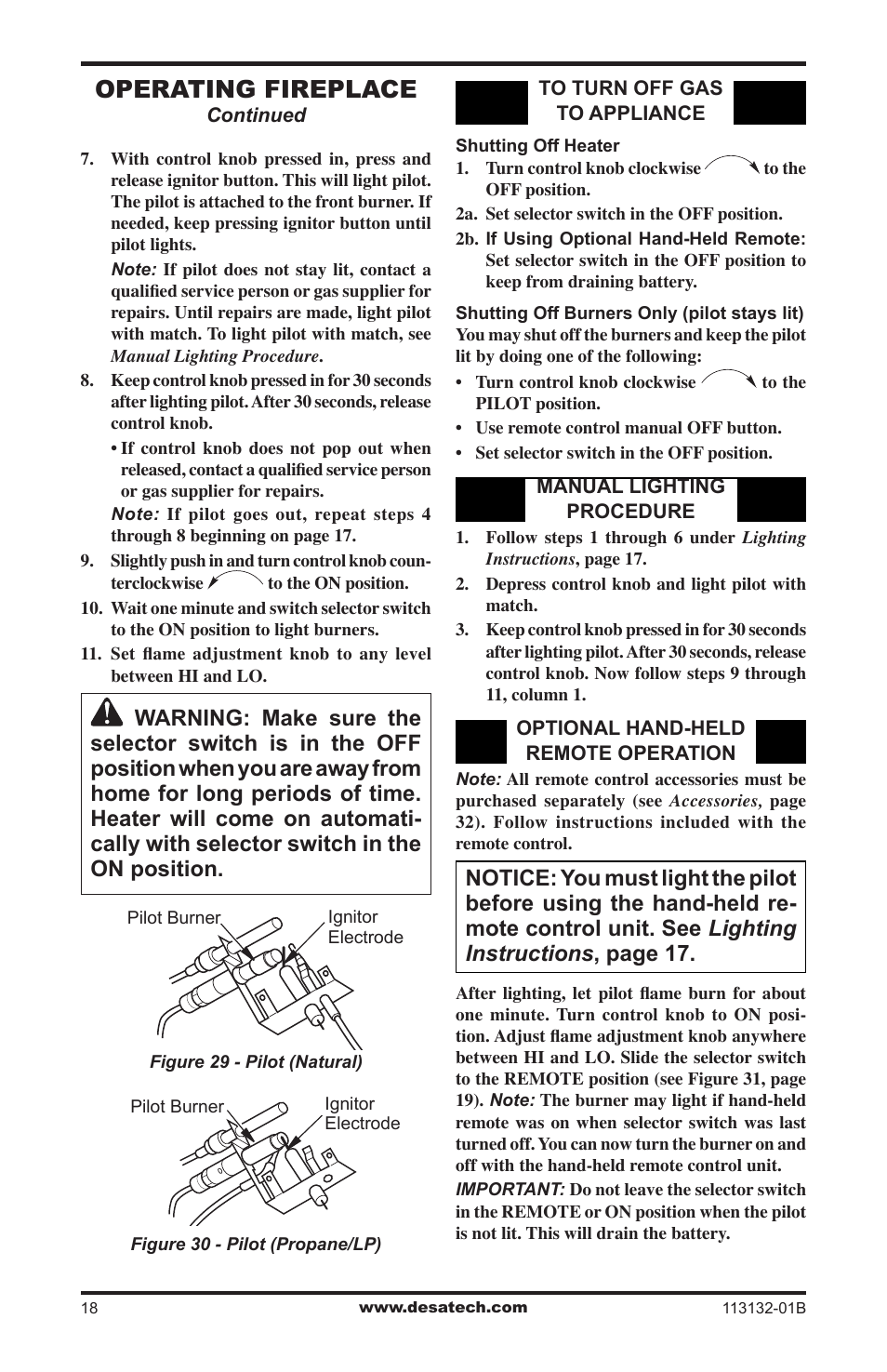 Operating fireplace | Desa EFS33PRB User Manual | Page 18 / 36