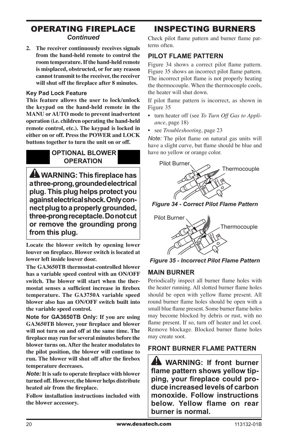 Inspecting burners, Operating fireplace | Desa EFS33PRB User Manual | Page 20 / 36