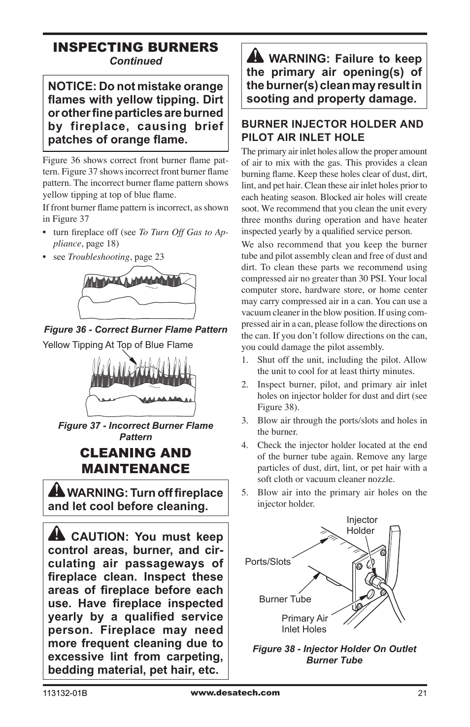 Cleaning and maintenance, Inspecting burners | Desa EFS33PRB User Manual | Page 21 / 36