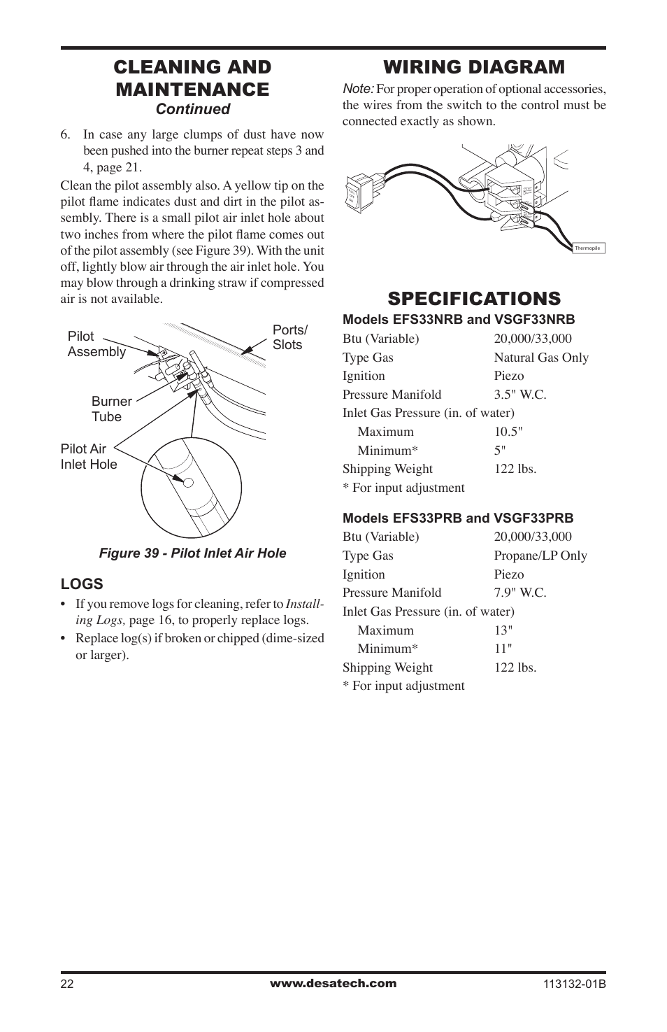 Wiring diagram, Specifications, Cleaning and maintenance | Desa EFS33PRB User Manual | Page 22 / 36