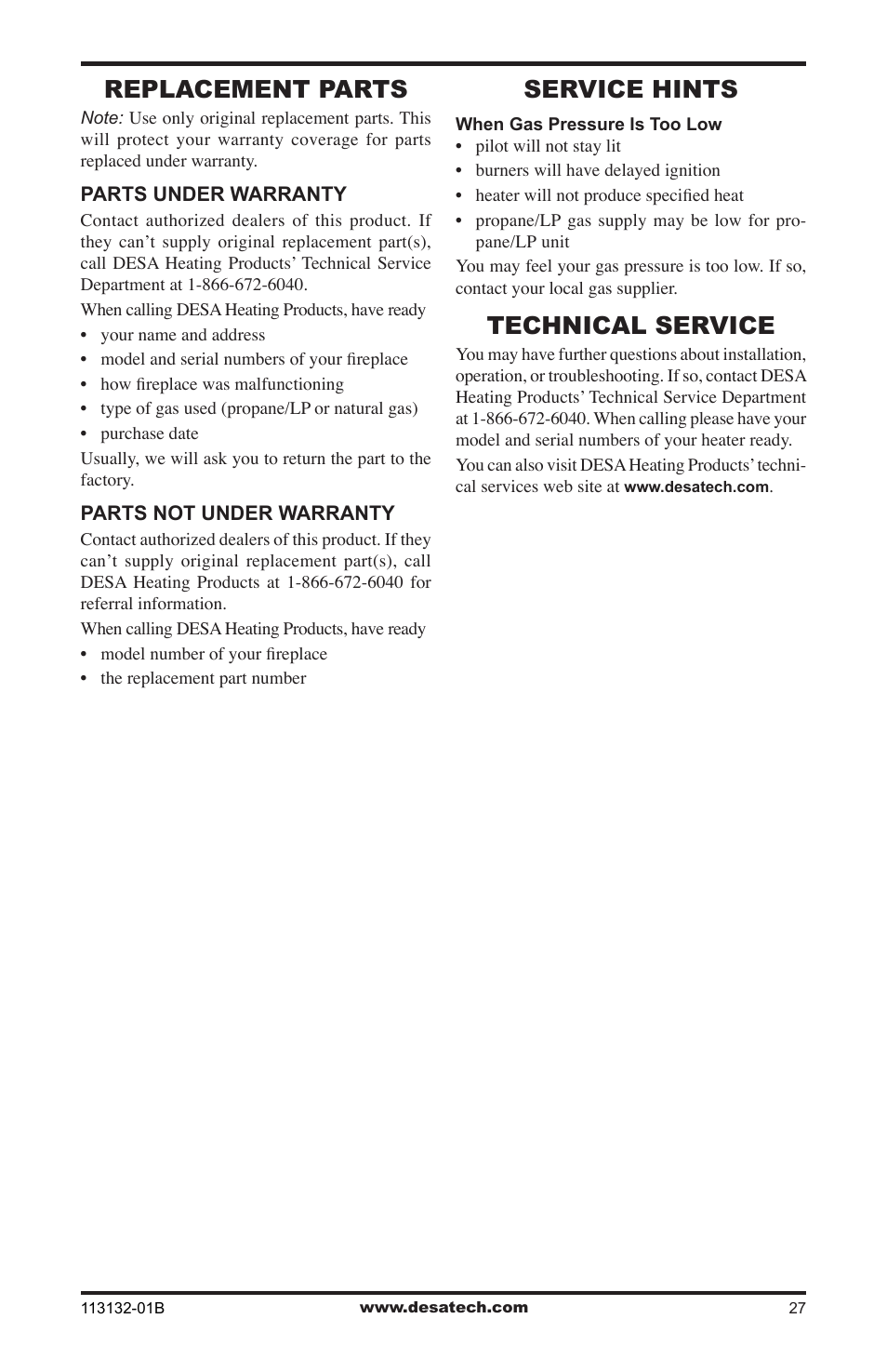 Replacement parts, Service hints, Technical service | Desa EFS33PRB User Manual | Page 27 / 36