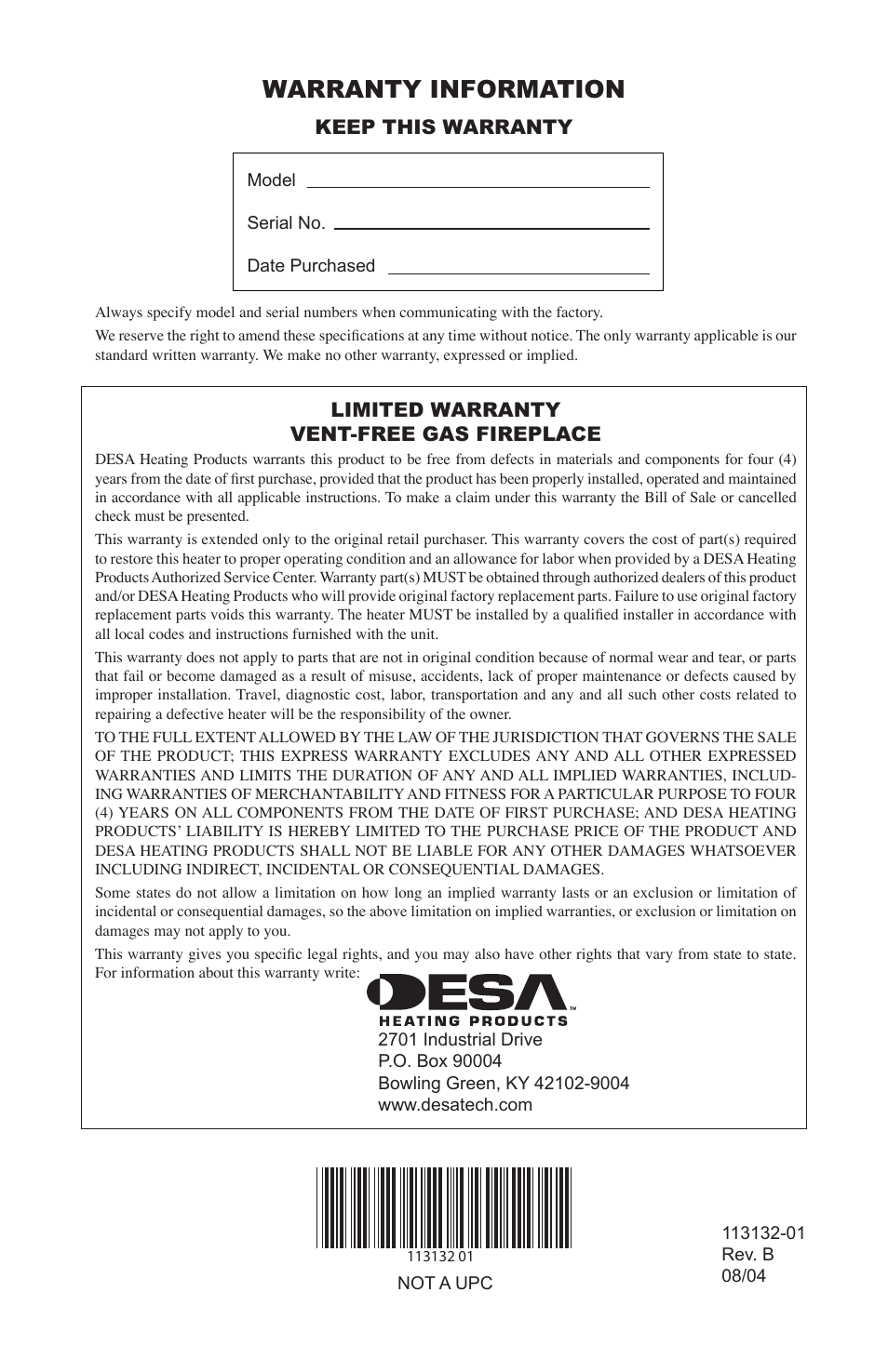 Warranty information, Keep this warranty, Limited warranty vent-free gas fireplace | Desa EFS33PRB User Manual | Page 36 / 36