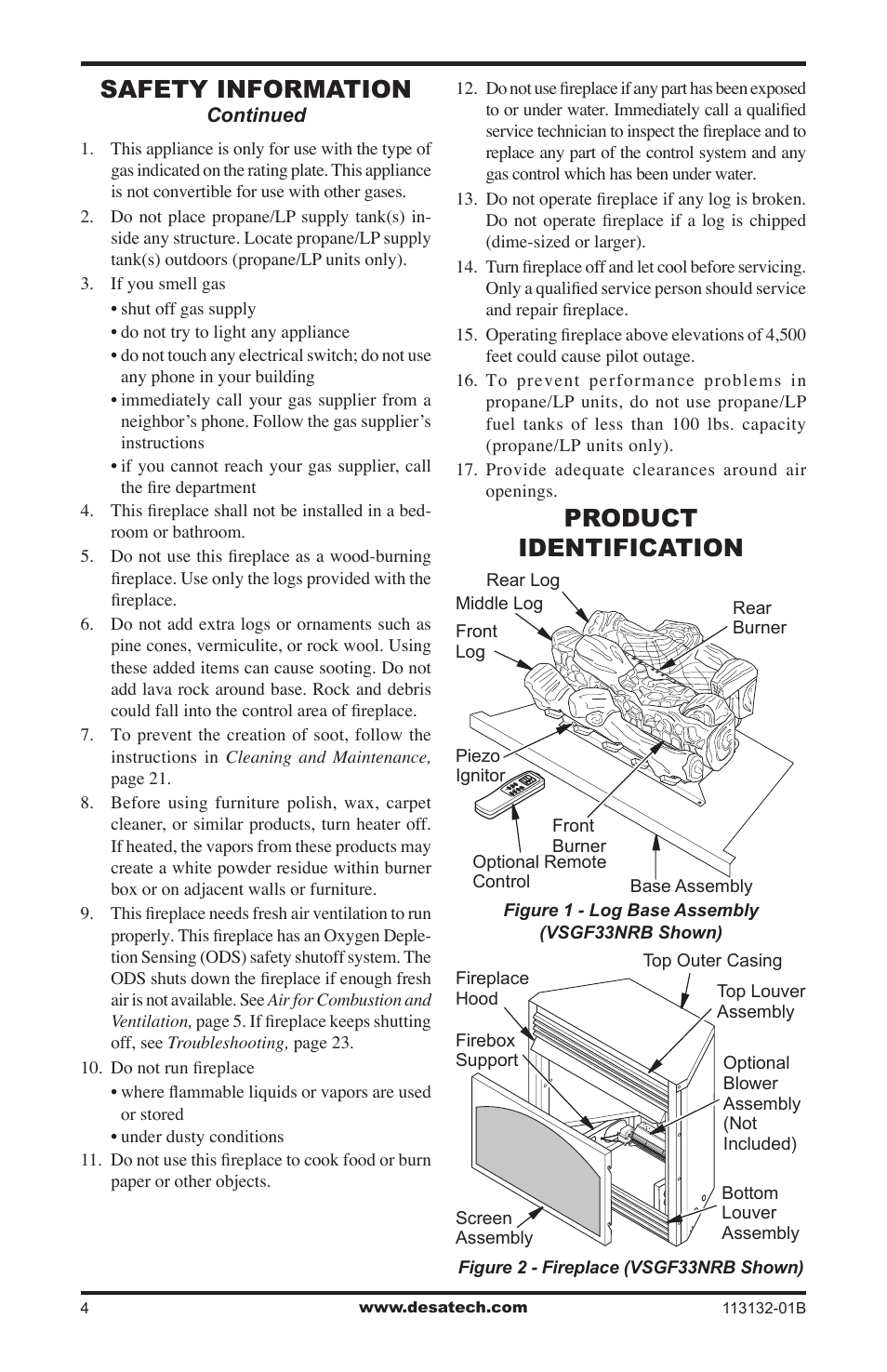 Product identification, Safety information | Desa EFS33PRB User Manual | Page 4 / 36
