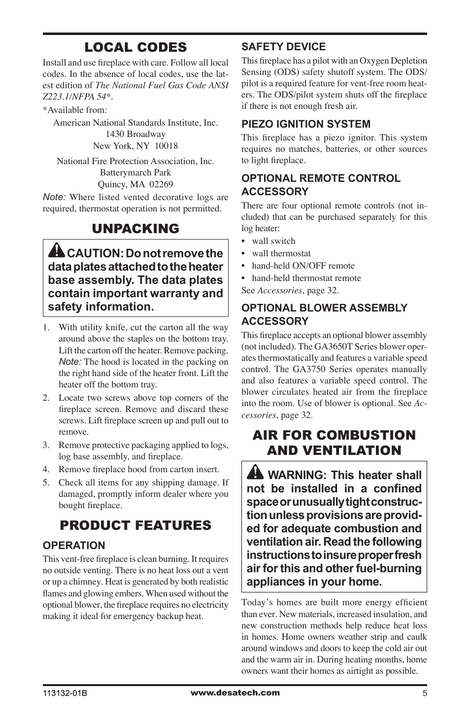 Local codes, Unpacking, Product features | Air for combustion and ventilation | Desa EFS33PRB User Manual | Page 5 / 36