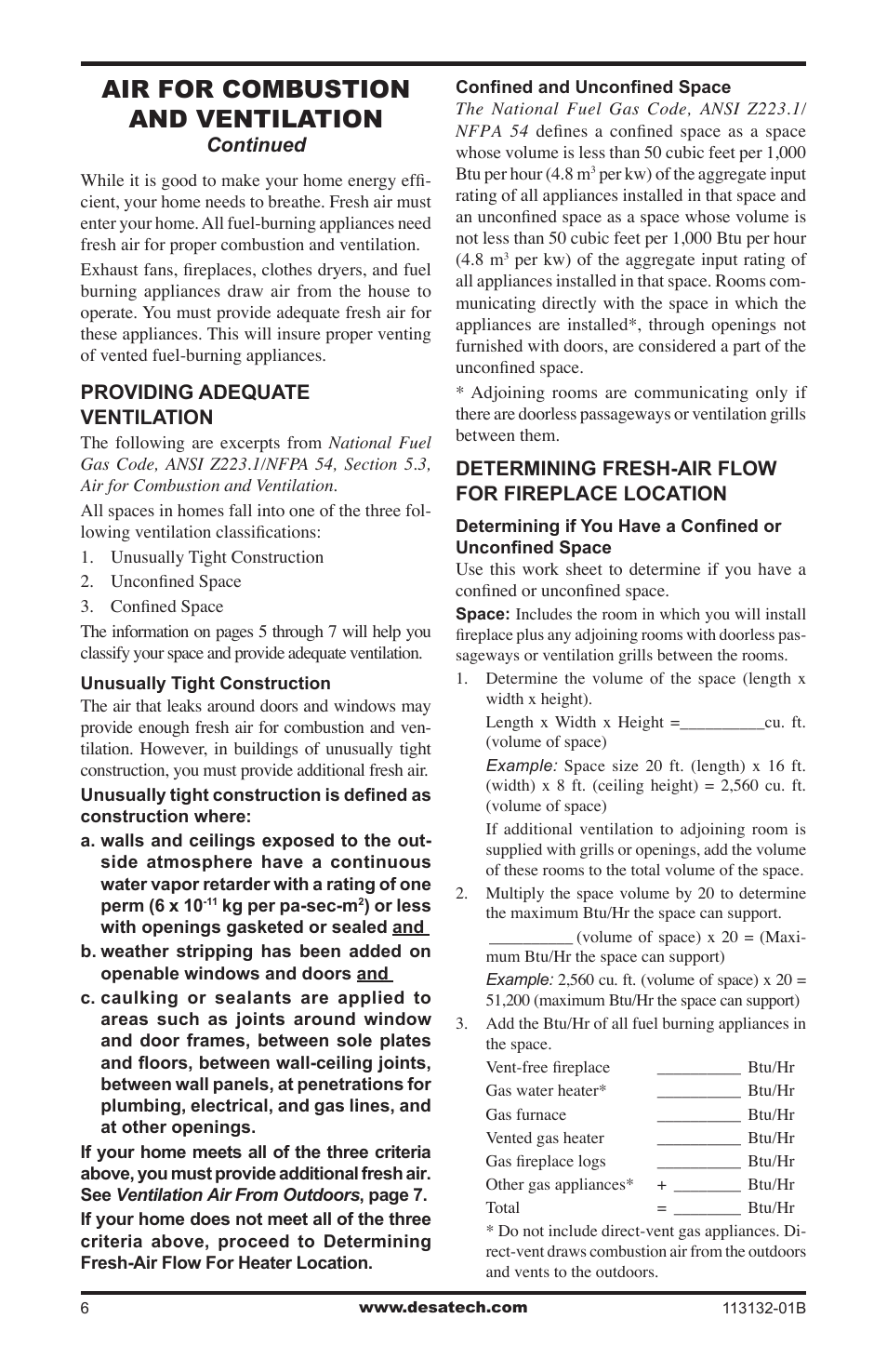 Air for combustion and ventilation | Desa EFS33PRB User Manual | Page 6 / 36