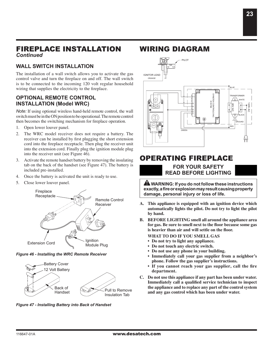 Wiring diagram, Operating fireplace, Fireplace installation | Wiring diagram operating fireplace, Wall switch installation, Optional remote control installation (model wrc), Continued, For your safety read before lighting | Desa (V)T32EN-A Series User Manual | Page 23 / 38
