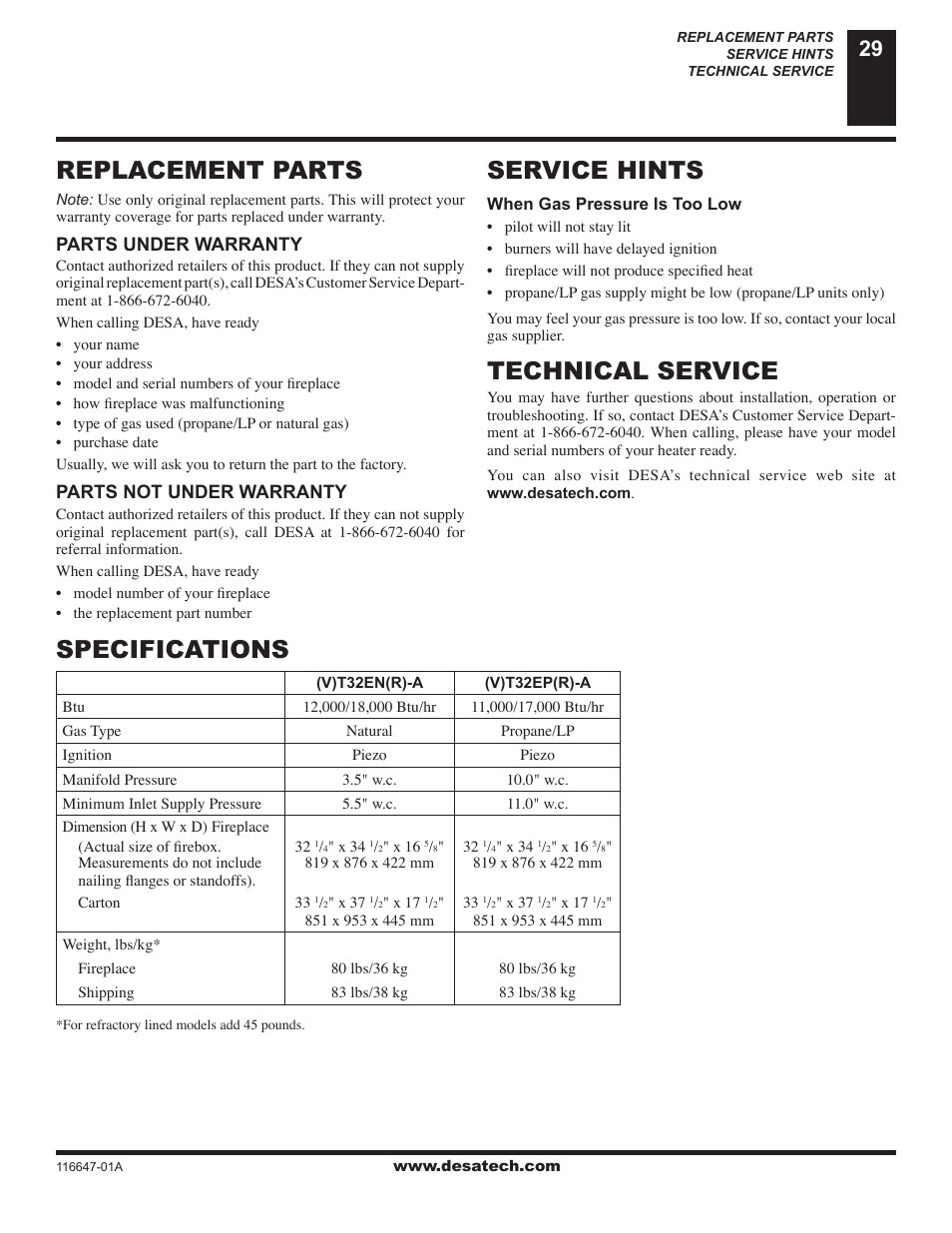 Replacement parts, Specifications, Service hints | Technical service, Parts under warranty, Parts not under warranty | Desa (V)T32EN-A Series User Manual | Page 29 / 38