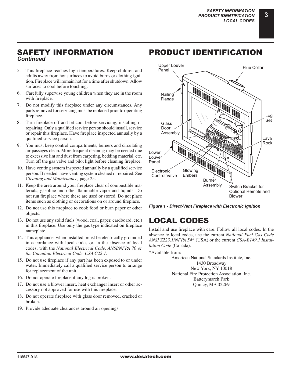 Product identification, Local codes, Safety information | Desa (V)T32EN-A Series User Manual | Page 3 / 38