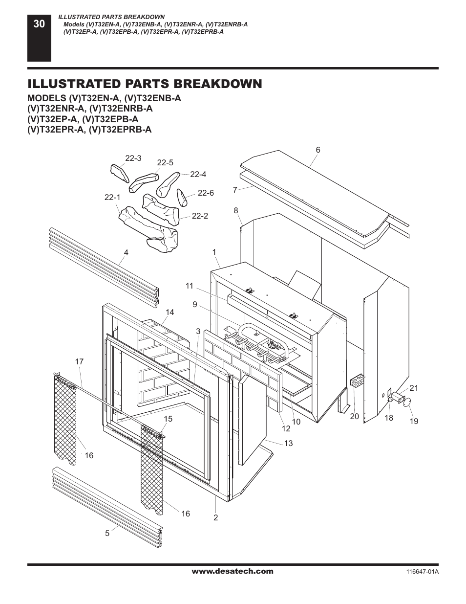 Illustrated parts breakdown and parts list, Illustrated parts breakdown | Desa (V)T32EN-A Series User Manual | Page 30 / 38