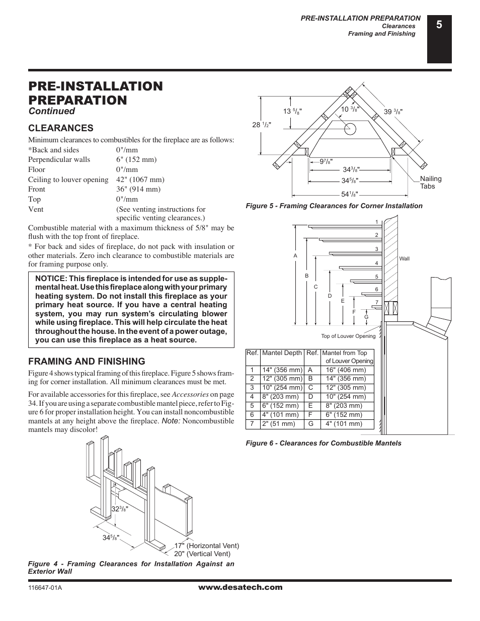 Pre-installation preparation, Clearances, Framing and finishing | Continued | Desa (V)T32EN-A Series User Manual | Page 5 / 38