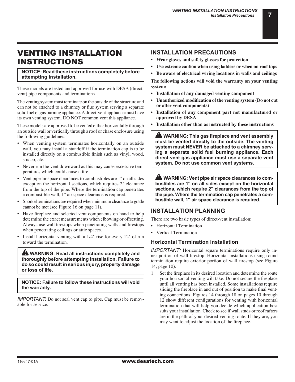Venting installation instructions | Desa (V)T32EN-A Series User Manual | Page 7 / 38