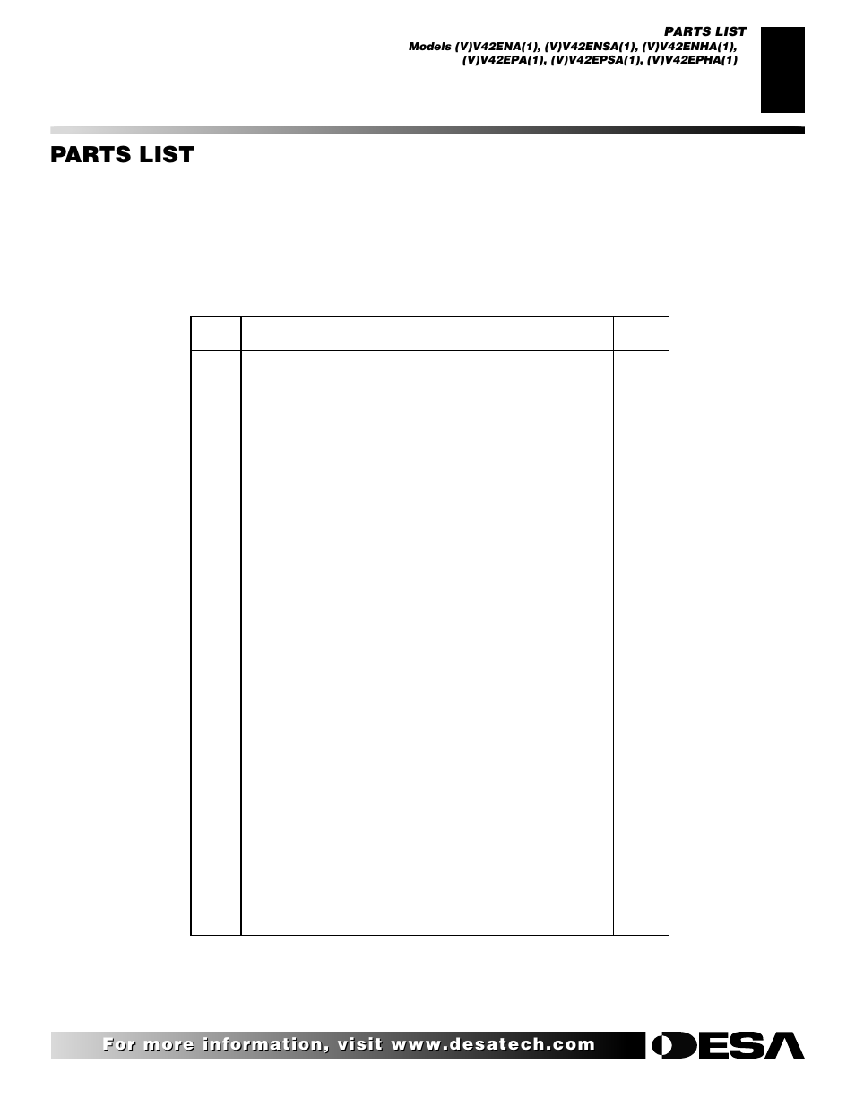 Parts list | Desa (V)V42ENA(1) Series User Manual | Page 33 / 38