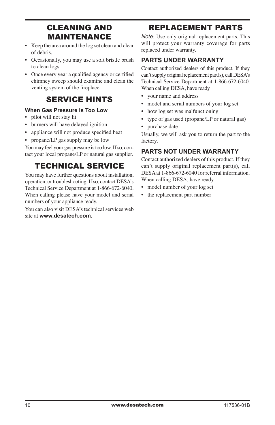 Cleaning and maintenance, Service hints, Technical service | Replacement parts | Desa SMS24 User Manual | Page 10 / 16
