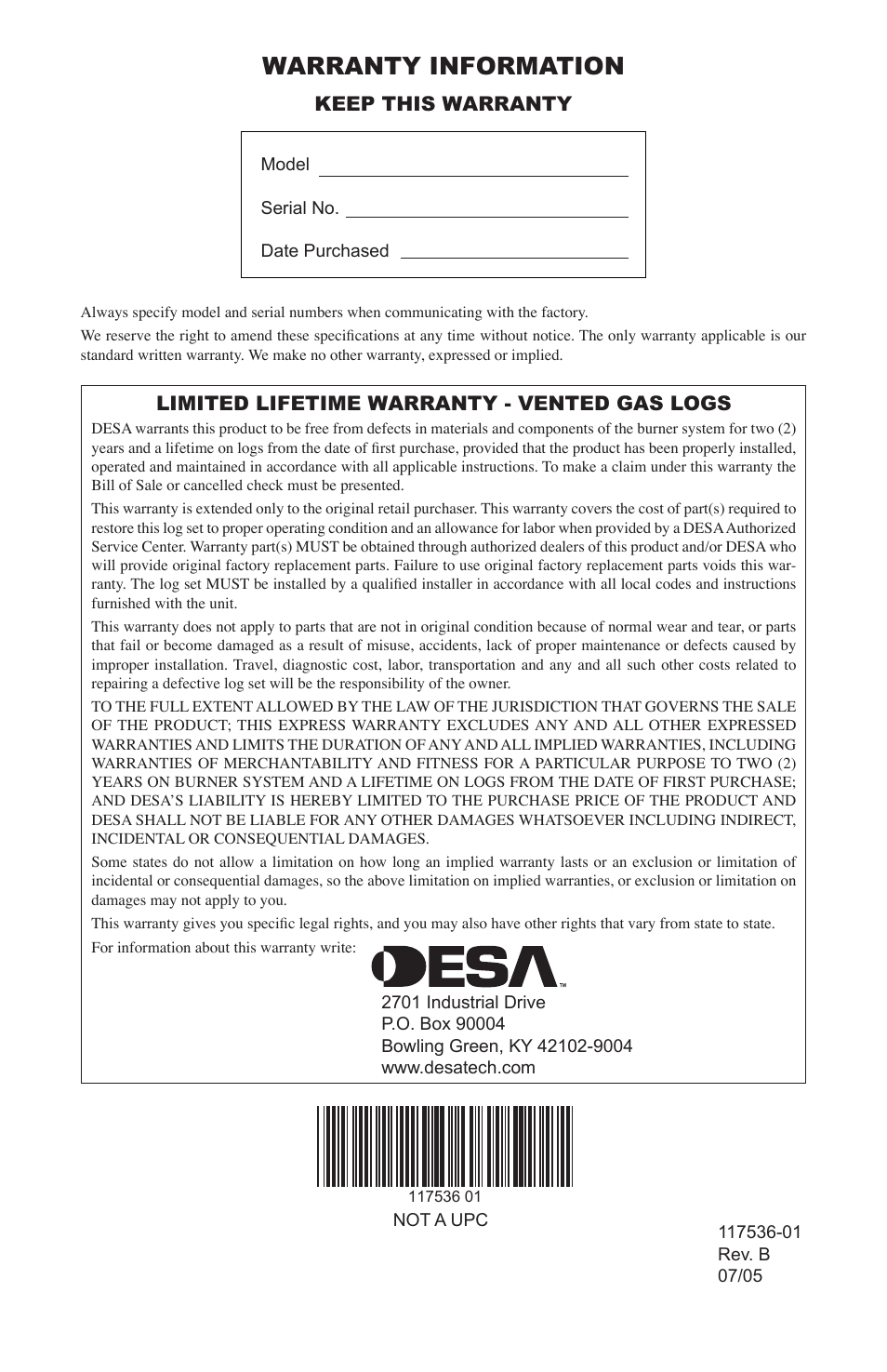 Warranty information, Keep this warranty, Limited lifetime warranty - vented gas logs | Desa SMS24 User Manual | Page 16 / 16