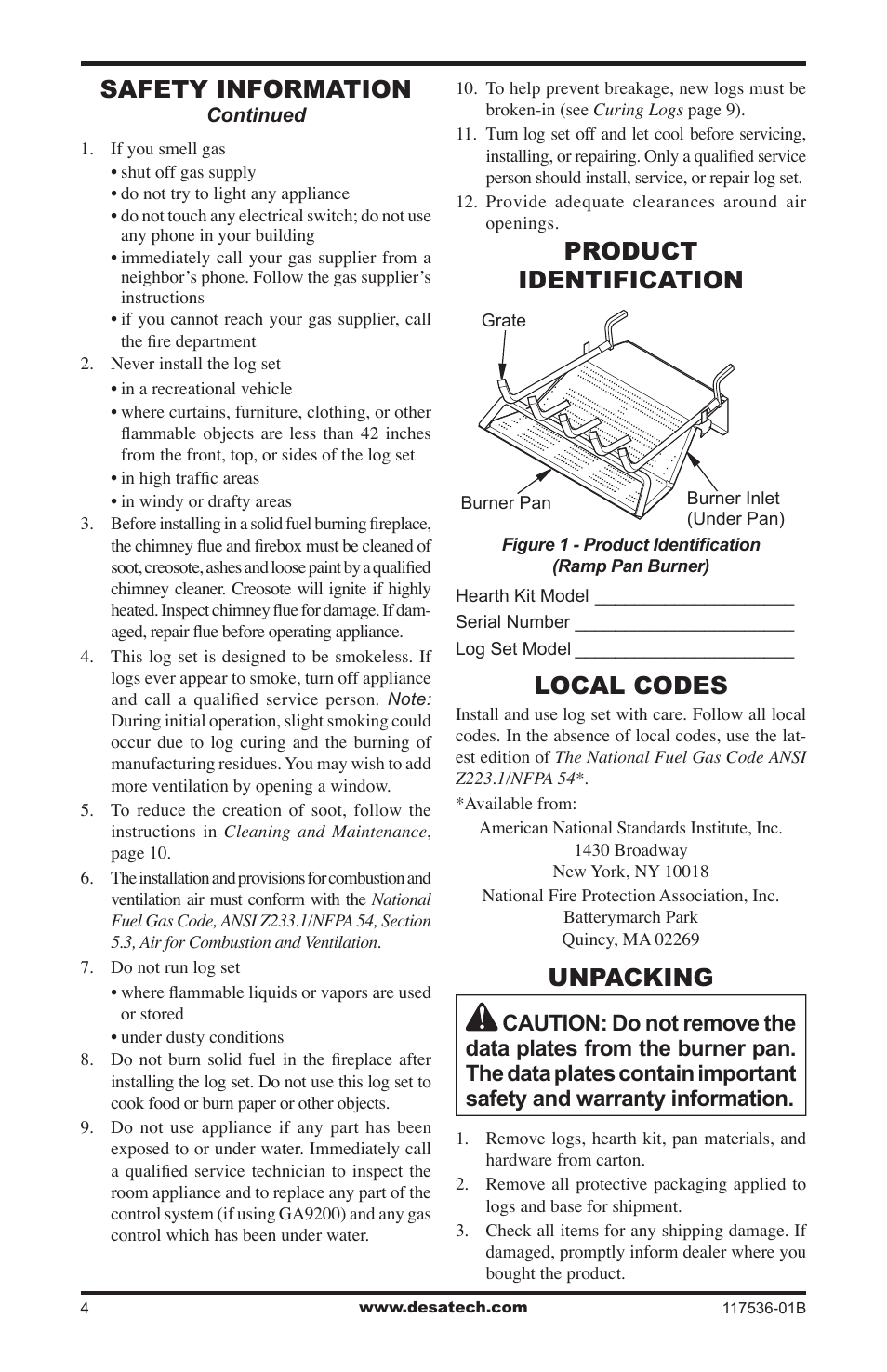 Product identification, Local codes, Unpacking | Safety information | Desa SMS24 User Manual | Page 4 / 16