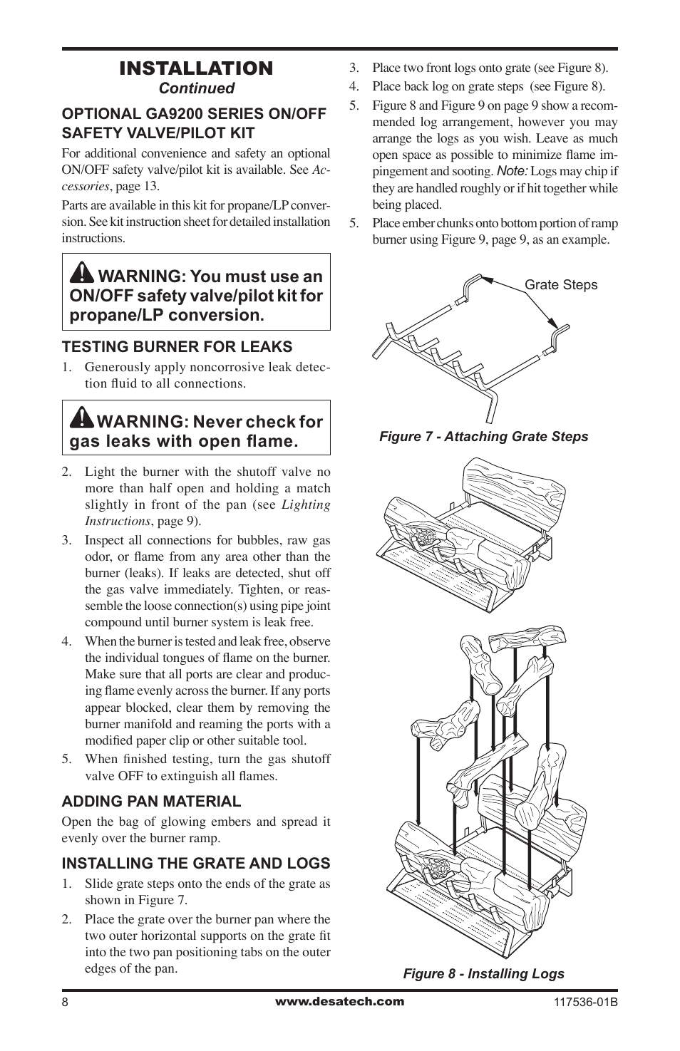 Installation, Warning: never check for gas leaks with open ﬂame | Desa SMS24 User Manual | Page 8 / 16