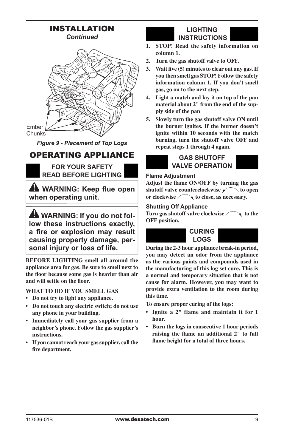 Operating appliance, Installation | Desa SMS24 User Manual | Page 9 / 16