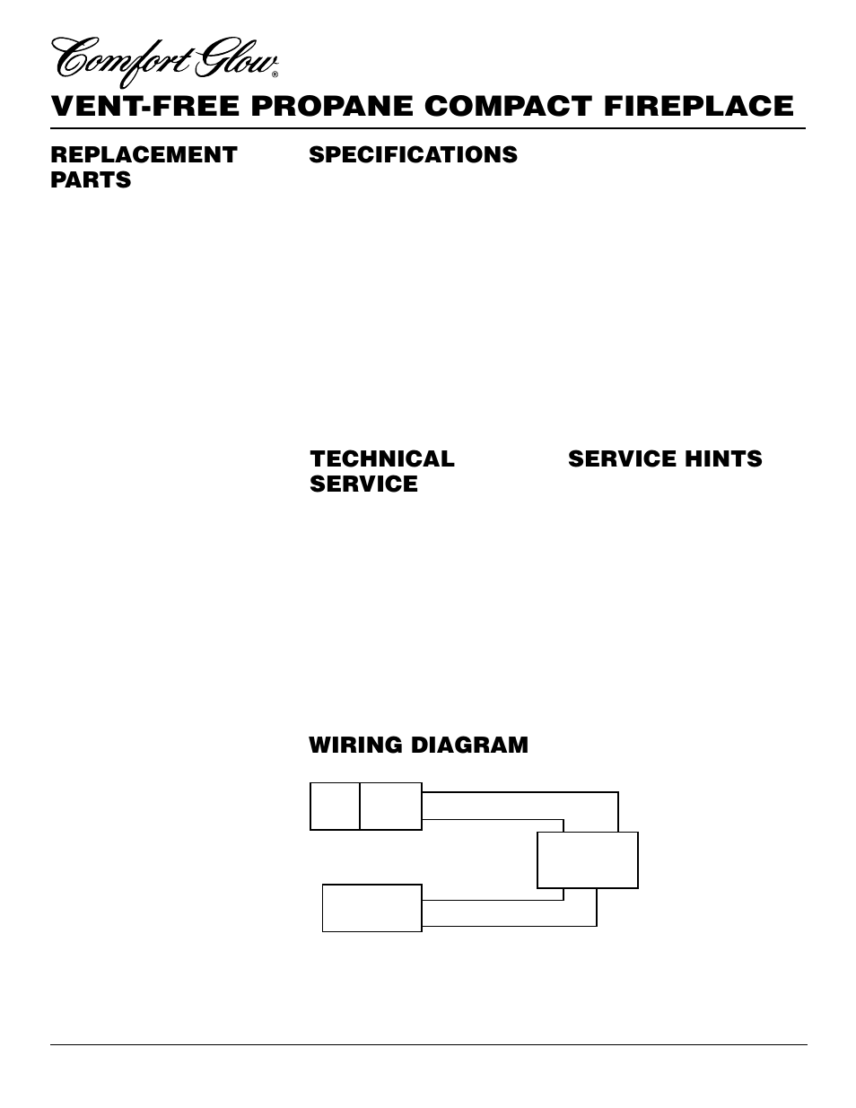 Vent-free propane compact fireplace, Replacement parts, Specifications | Service hints, Technical service, Wiring diagram | Desa CGCF26PRA User Manual | Page 18 / 26