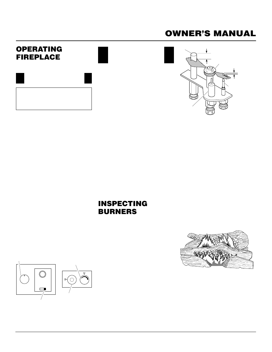 Owner’s manual, Operating fireplace, Inspecting burners | Continued, Operating optional blower accessory, Pilot assembly, Burner flame pattern, Optional remote operation | Desa CDV34NA User Manual | Page 25 / 34