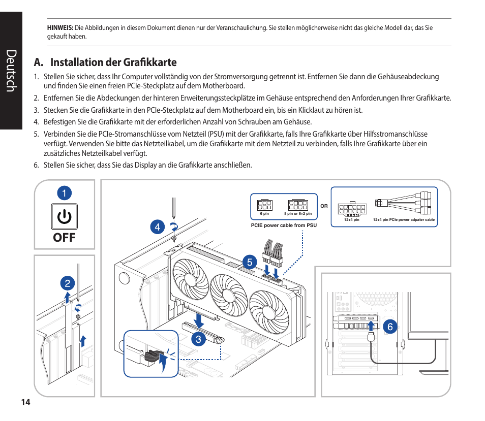 Deutsch, A. installation der grafikkarte | Asus GeForce RTX 4070 TUF Gaming Graphics Card User Manual | Page 14 / 62