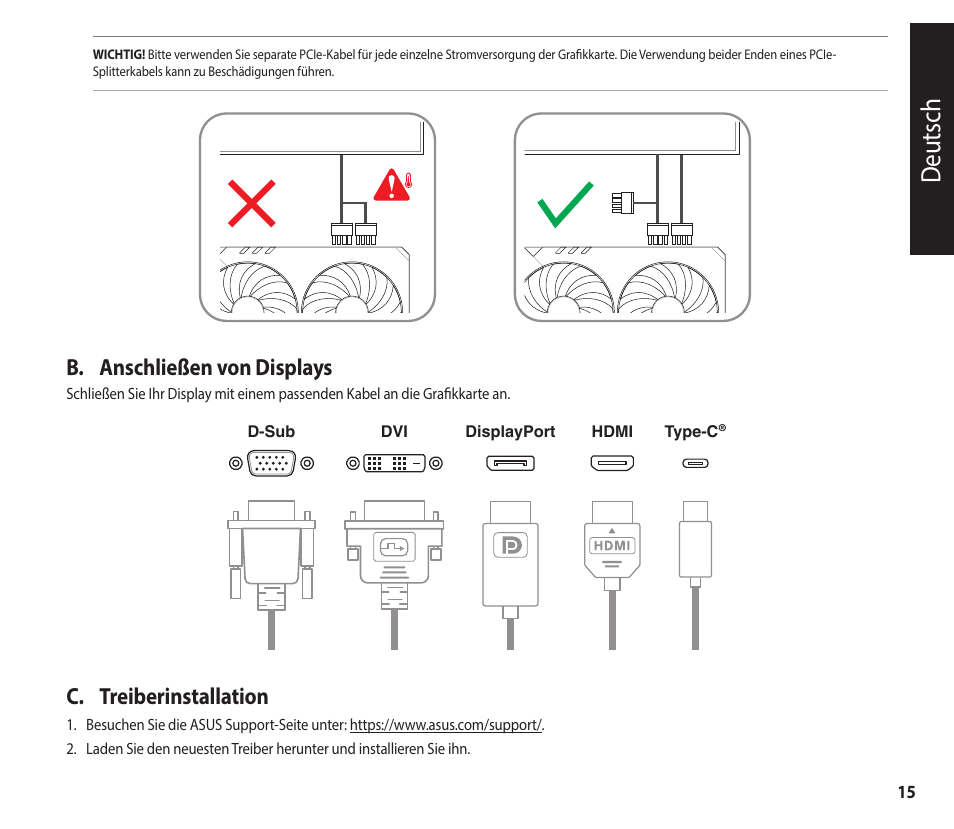 Deutsch, B. anschließen von displays, C. treiberinstallation | Asus GeForce RTX 4070 TUF Gaming Graphics Card User Manual | Page 15 / 62