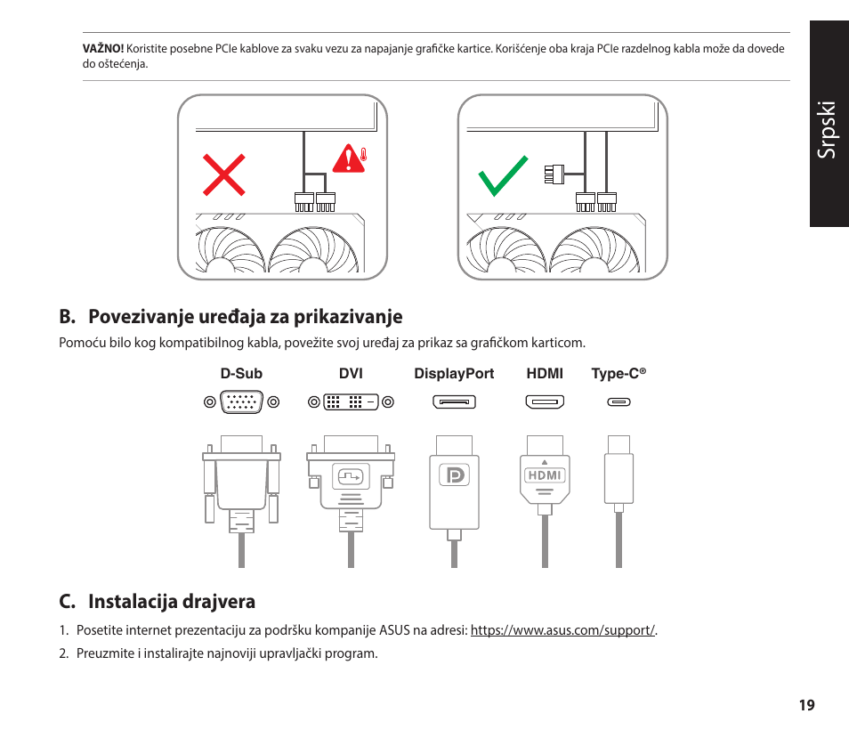 Sr psk i, B. povezivanje uređaja za prikazivanje, C. instalacija drajvera | Asus GeForce RTX 4070 TUF Gaming Graphics Card User Manual | Page 19 / 62