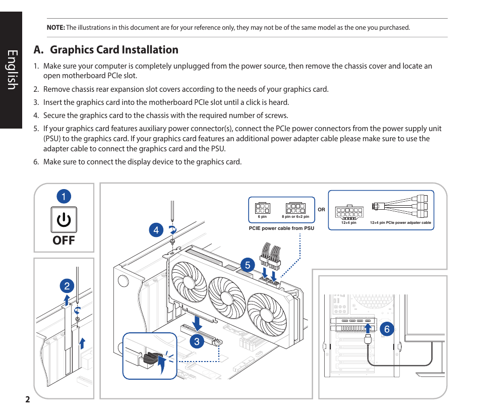 English, A. graphics card installation | Asus GeForce RTX 4070 TUF Gaming Graphics Card User Manual | Page 2 / 62