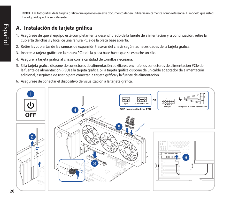 Español, A. instalación de tarjeta gráfica | Asus GeForce RTX 4070 TUF Gaming Graphics Card User Manual | Page 20 / 62