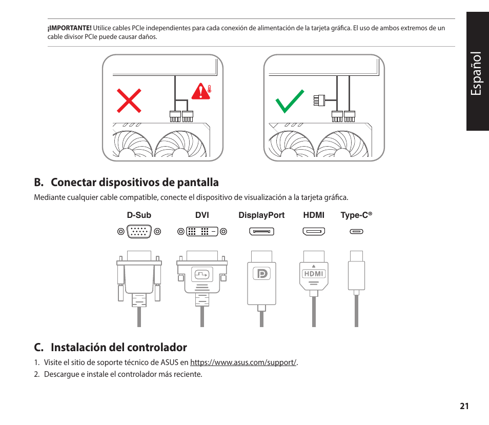 Español, B. conectar dispositivos de pantalla, C. instalación del controlador | Asus GeForce RTX 4070 TUF Gaming Graphics Card User Manual | Page 21 / 62