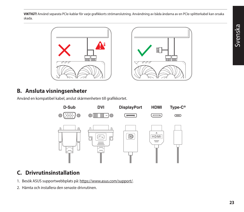 Sv ensk a, B. ansluta visningsenheter, C. drivrutinsinstallation | Asus GeForce RTX 4070 TUF Gaming Graphics Card User Manual | Page 23 / 62