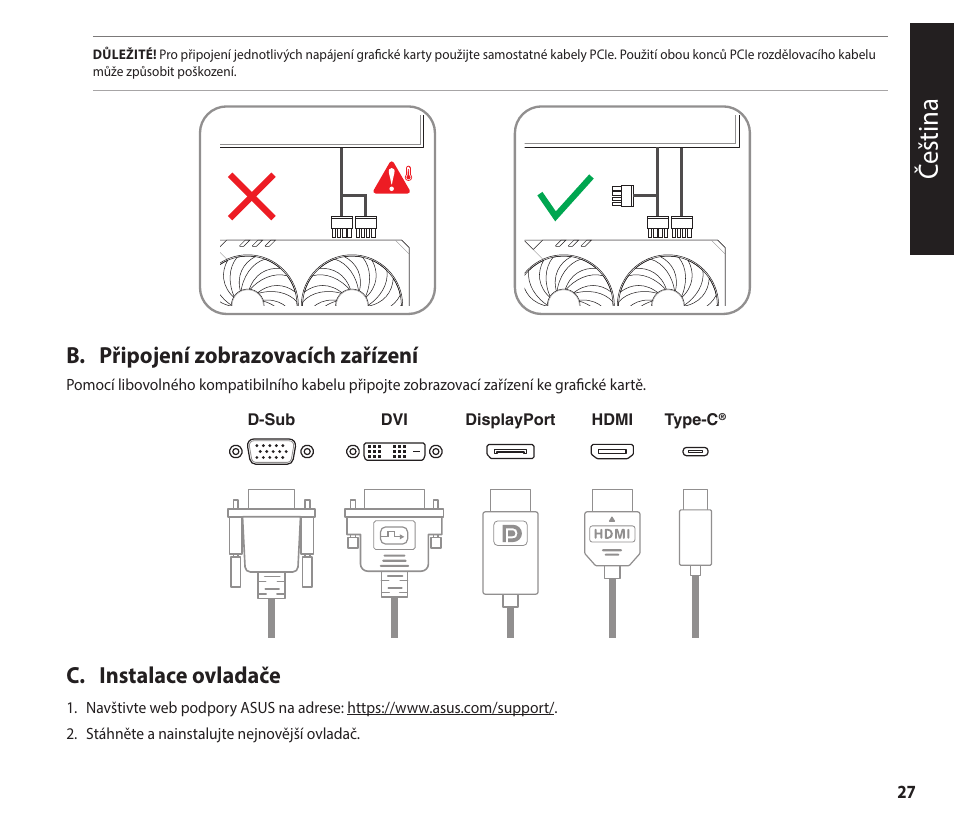 Čeština, B. připojení zobrazovacích zařízení, C. instalace ovladače | Asus GeForce RTX 4070 TUF Gaming Graphics Card User Manual | Page 27 / 62