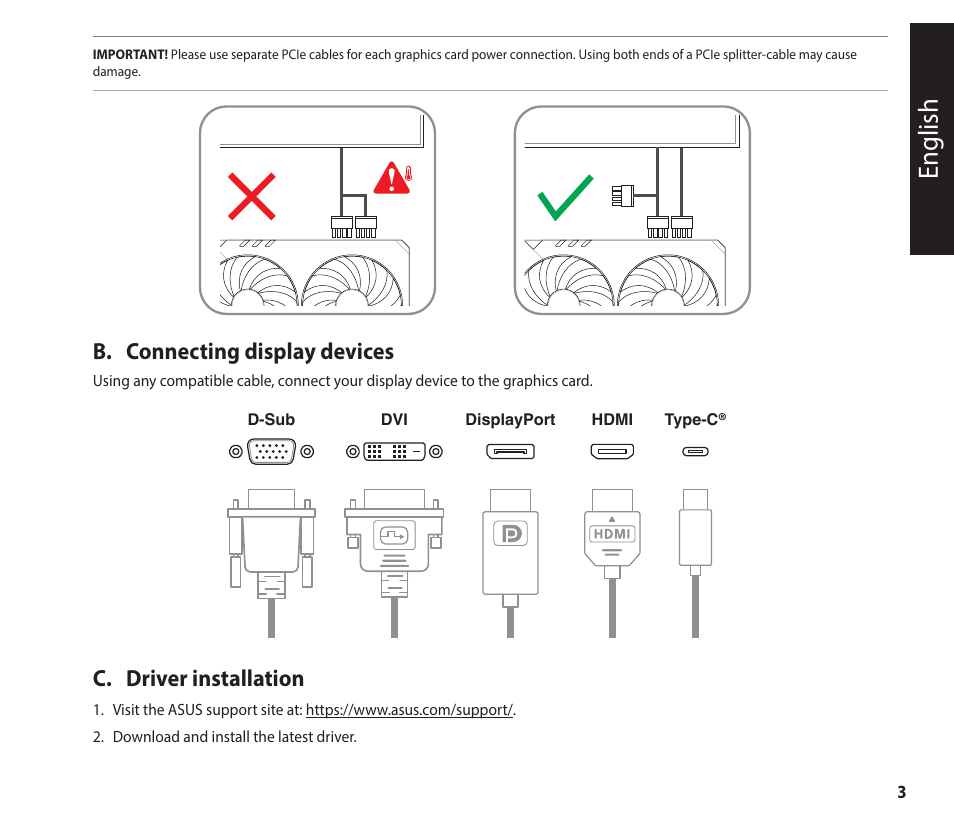 English, B. connecting display devices, C. driver installation | Asus GeForce RTX 4070 TUF Gaming Graphics Card User Manual | Page 3 / 62